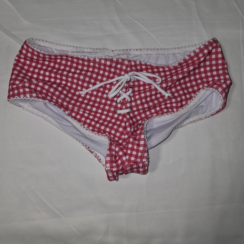 Cider Pink White Gingham Lace-Up Bikini Bottoms Women's Size Medium
